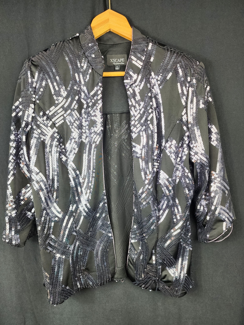 Xscape Black Sequin Open-Front Jacket Size M